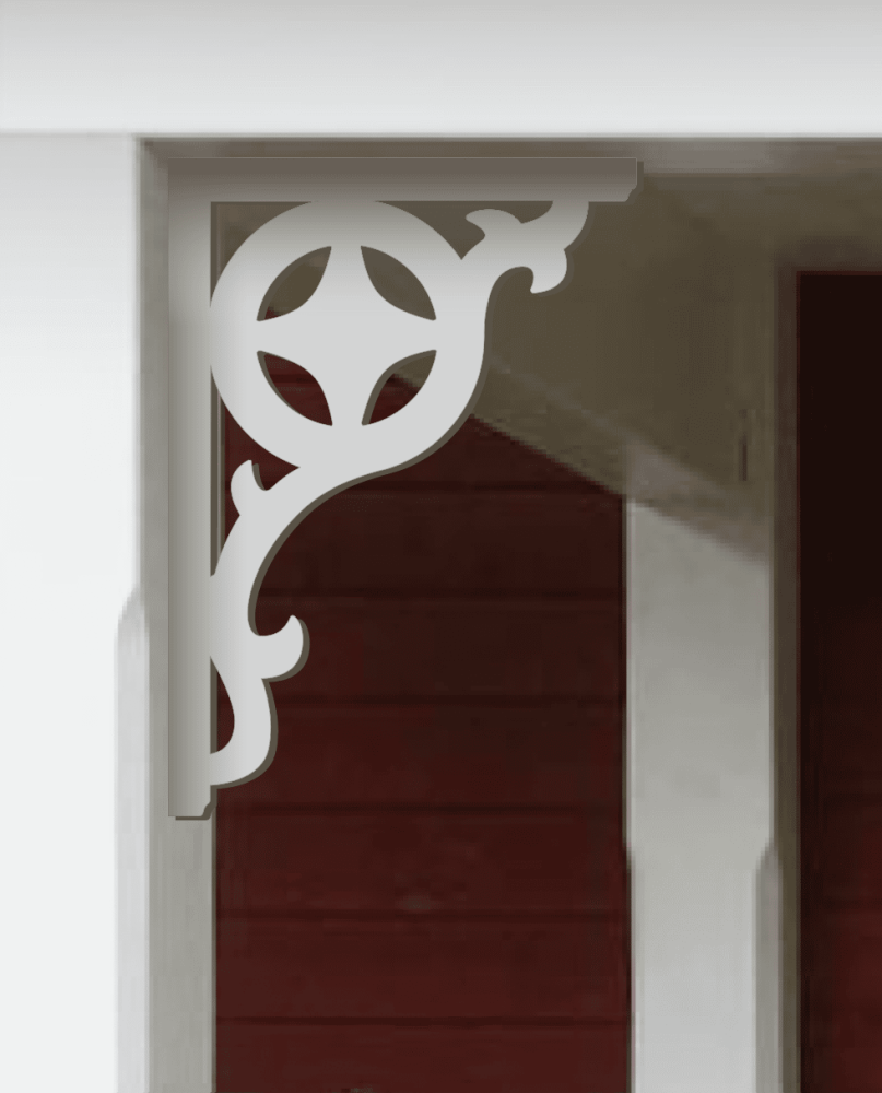 A white painted Victorian bracket 008A in a red porch decorated with from Gaveldekor from Sweden.
