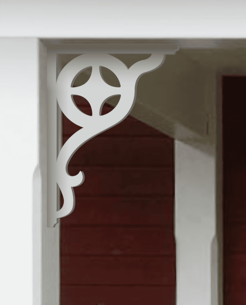 A white painted Victorian bracket 008B in a red porch decorated with from Gaveldekor from Sweden.