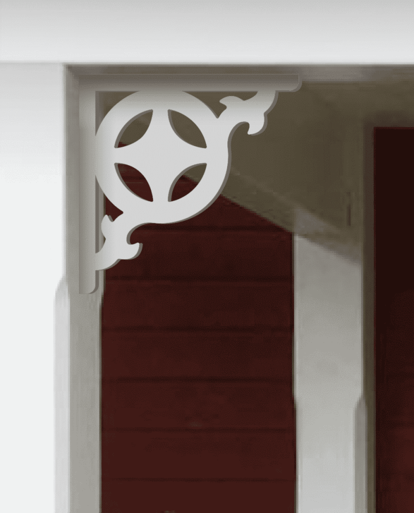 A white painted Victorian bracket 008C in a red porch decorated with from Gaveldekor from Sweden.