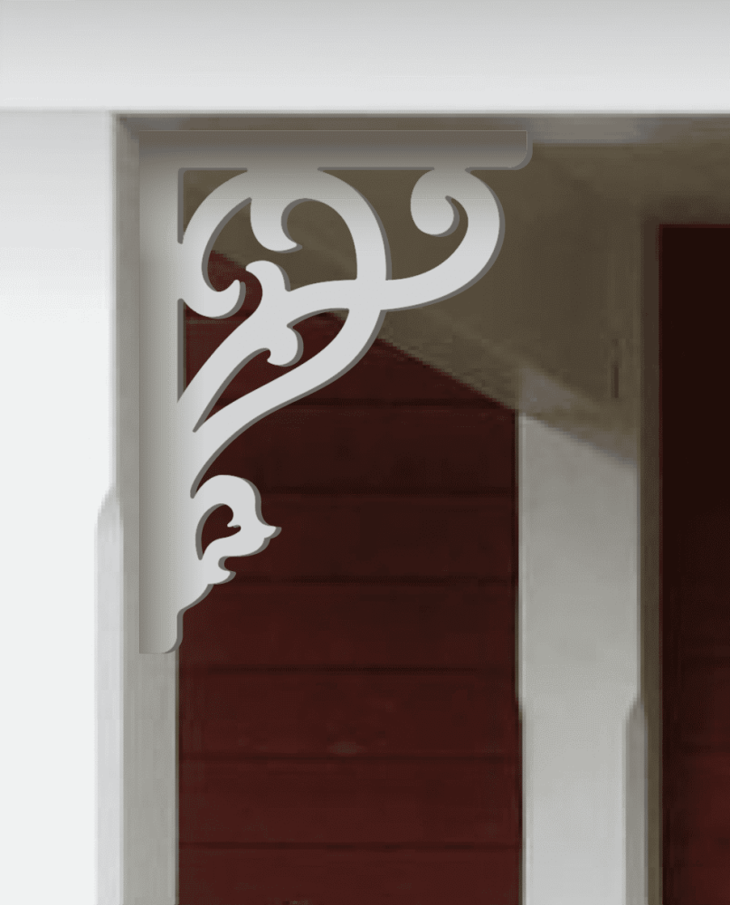 A white painted Victorian bracket 009 in a red porch decorated with from Gaveldekor from Sweden.