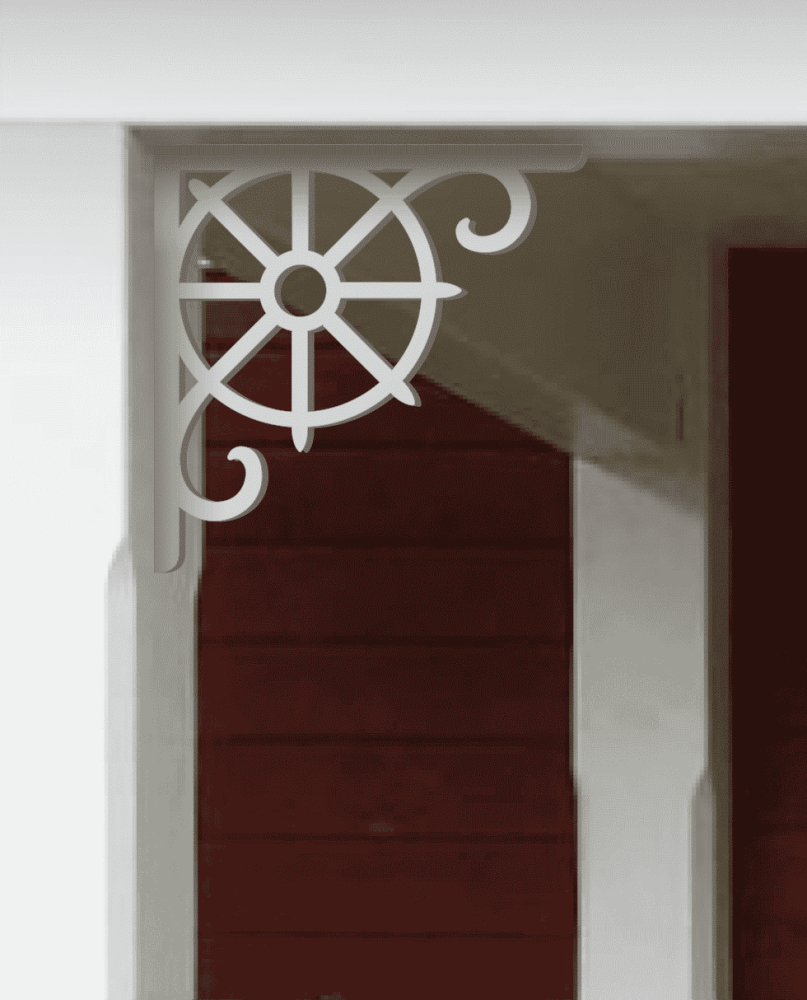 A white painted Victorian bracket 011 in a red porch decorated with from Gaveldekor from Sweden.