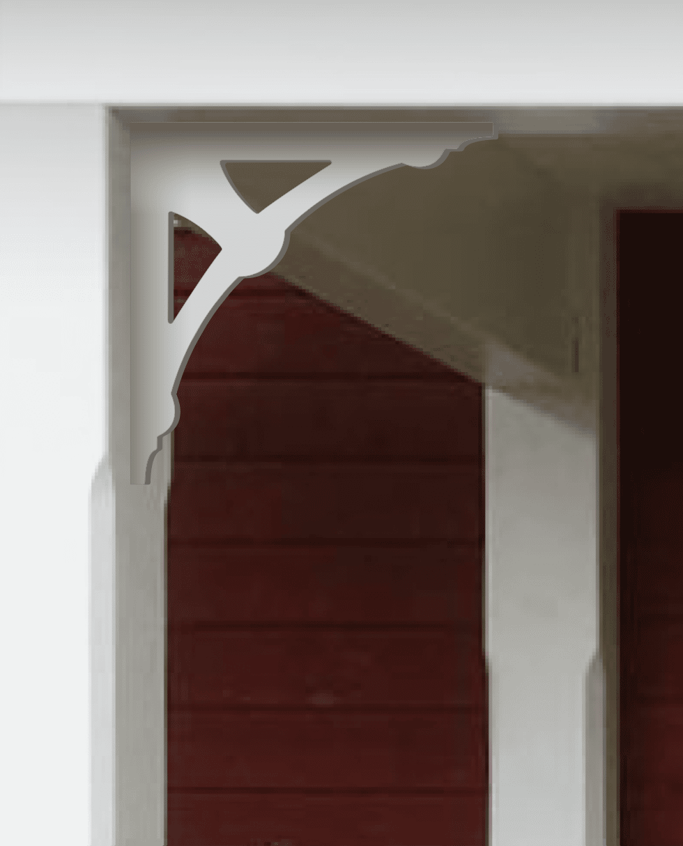 Eckkonsole 012 - Eine rote Veranda, dekoriert mit dem Ziergiebel von Gaveldekor aus Schweden.