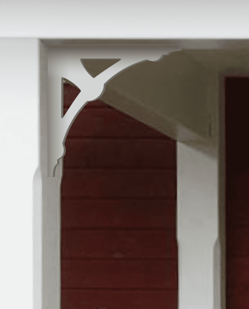 A white painted Victorian bracket 012 in a red porch decorated with from Gaveldekor from Sweden.