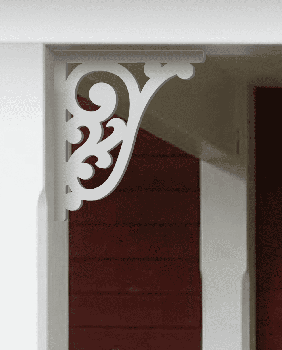 A white painted Victorian bracket 013 in a red porch decorated with from Gaveldekor from Sweden.