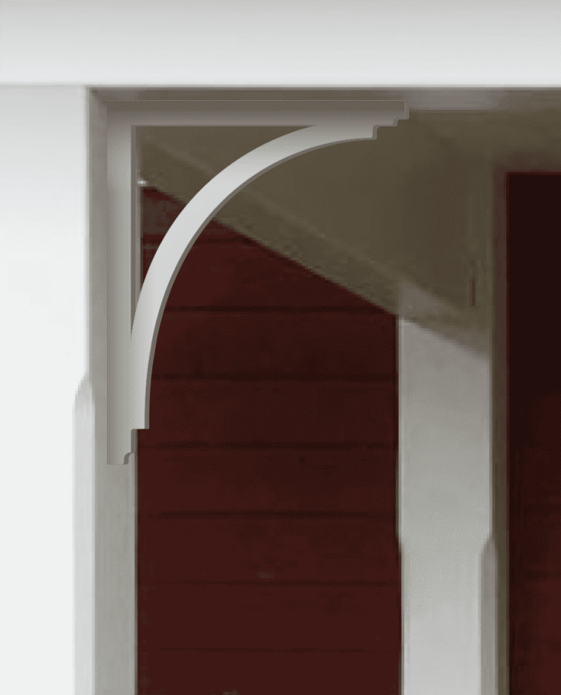 A white painted Victorian bracket 014 in a red porch decorated with from Gaveldekor from Sweden.