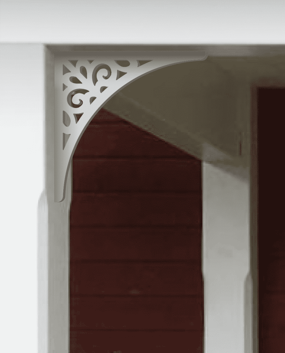 Eckkonsole 015 - Eine rote Veranda, dekoriert mit dem Ziergiebel von Gaveldekor aus Schweden.