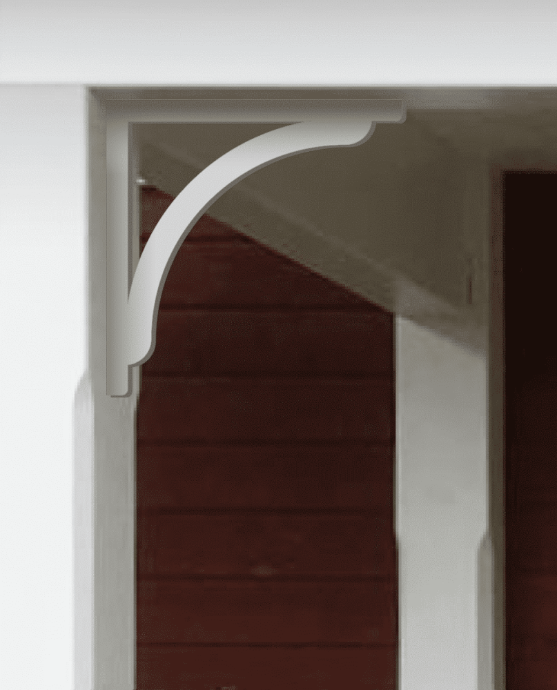 A white painted Victorian bracket 017 in a red porch decorated with from Gaveldekor from Sweden.