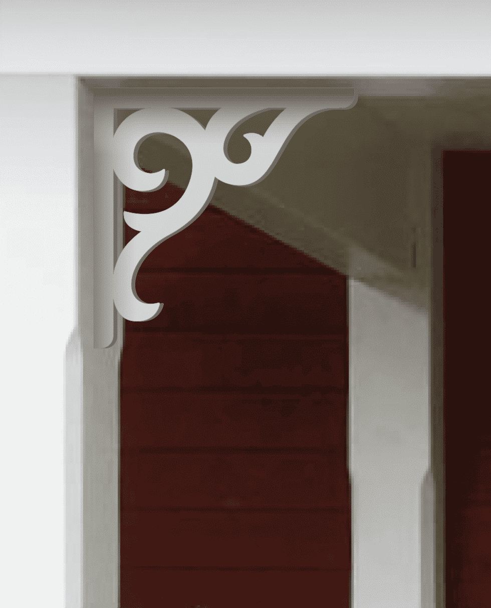 A white painted Victorian bracket 016 in a red porch decorated with from Gaveldekor from Sweden.
