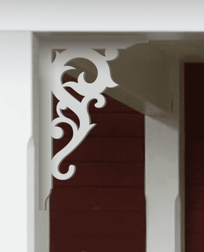 A white painted Victorian bracket 020 in a red porch decorated with from Gaveldekor from Sweden.