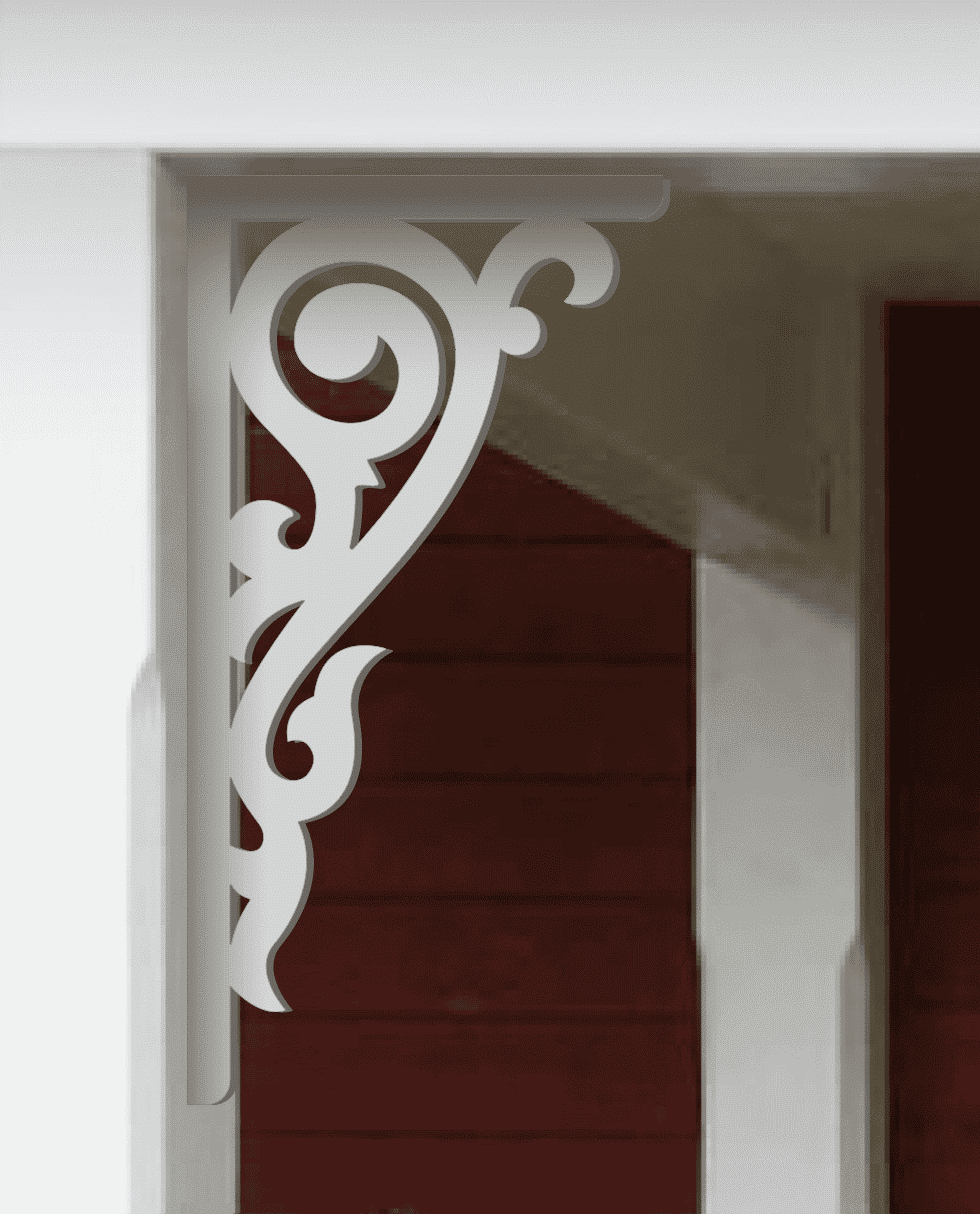A white painted Victorian bracket 021 in a red porch decorated with from Gaveldekor from Sweden.