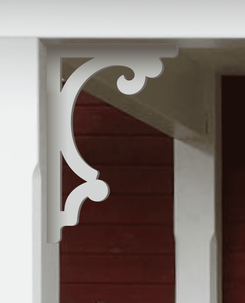 A white painted Victorian bracket 022 in a red porch decorated with from Gaveldekor from Sweden.