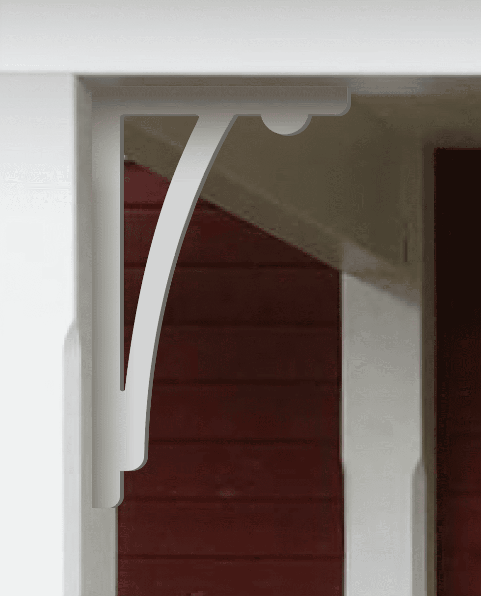 A white painted Victorian bracket 024 in a red porch decorated with from Gaveldekor from Sweden.
