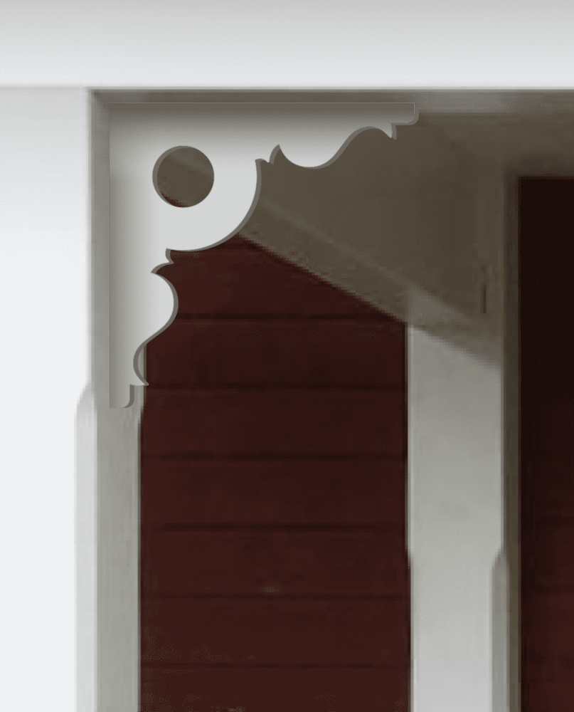 A white painted Victorian bracket 025 in a red porch decorated with from Gaveldekor from Sweden.