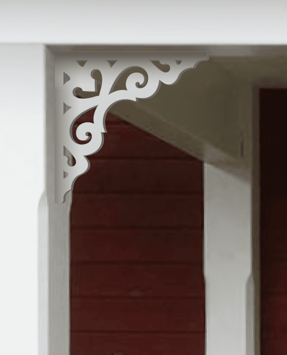 A white painted Victorian bracket 027 in a red porch decorated with from Gaveldekor from Sweden.