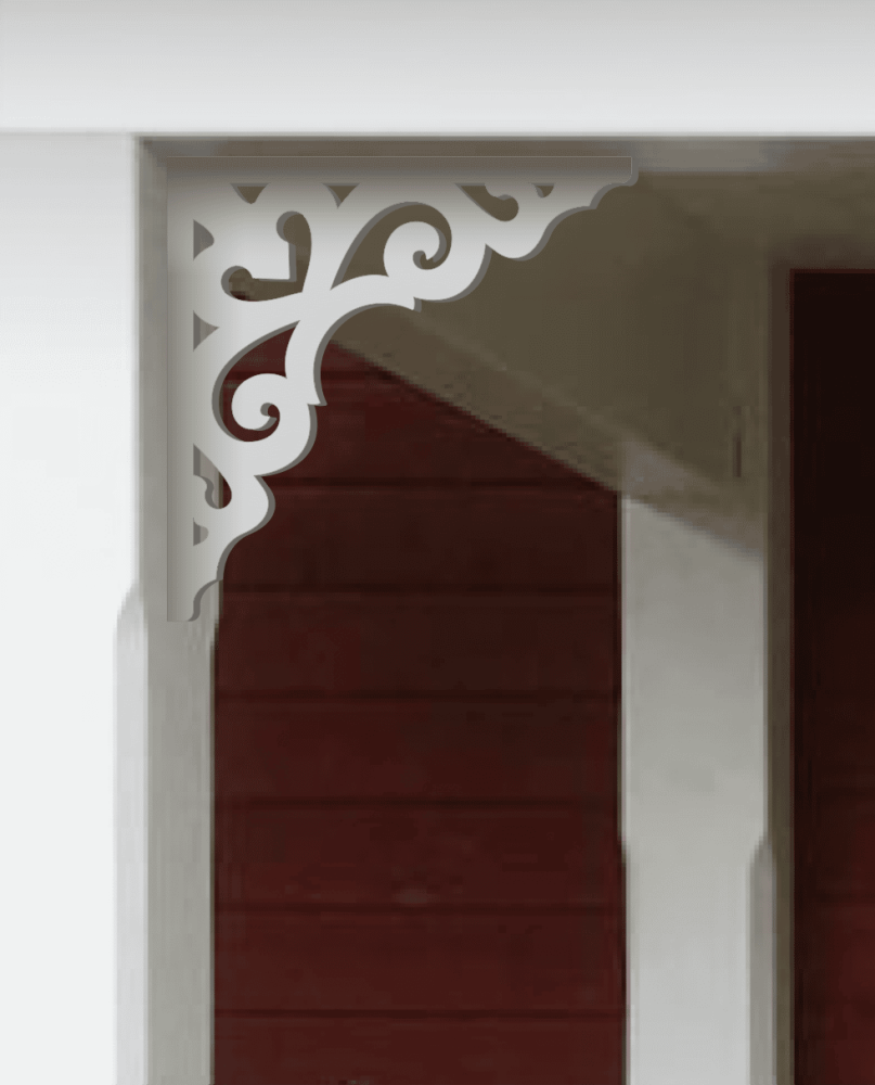 Eckkonsole 027 - Eine rote Veranda, dekoriert mit dem Ziergiebel von Gaveldekor aus Schweden.