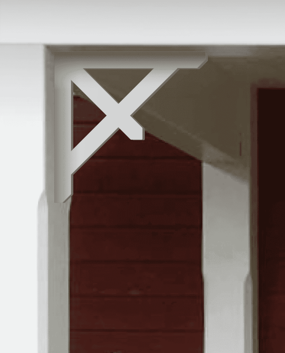 Träkonsol 028 - dekorativ vitmålad konsol i trä illustrerad i en röd farstukvist