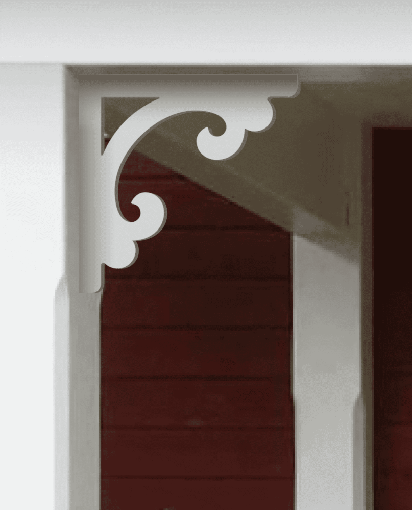 A white painted Victorian bracket 029 in a red porch decorated with from Gaveldekor from Sweden.