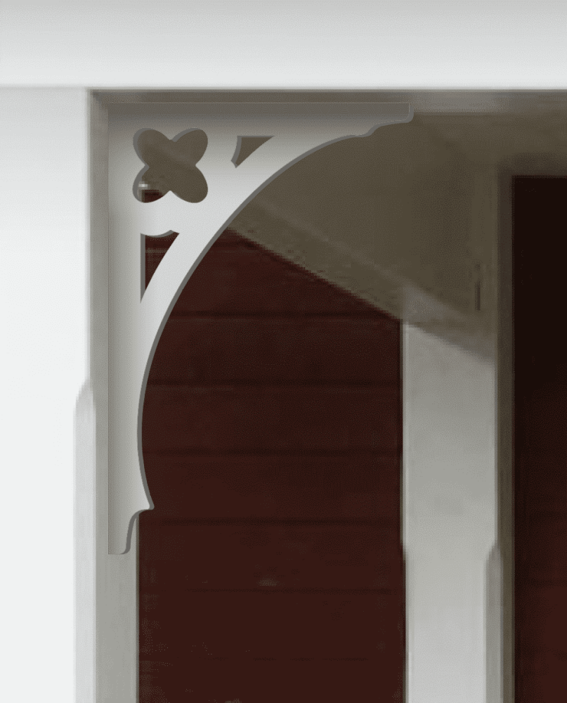 A white painted Victorian bracket 031 in a red porch decorated with from Gaveldekor from Sweden.