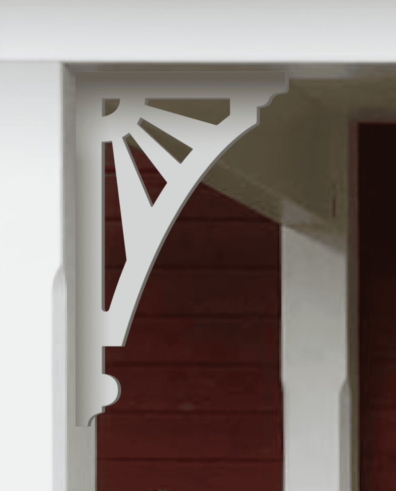 A white painted Victorian bracket 060 in a red porch decorated with from Gaveldekor from Sweden.