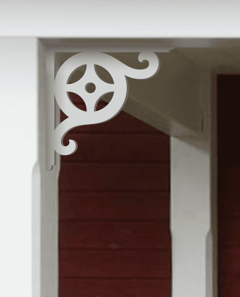 A white painted Victorian bracket 089 in a red porch decorated with from Gaveldekor from Sweden.