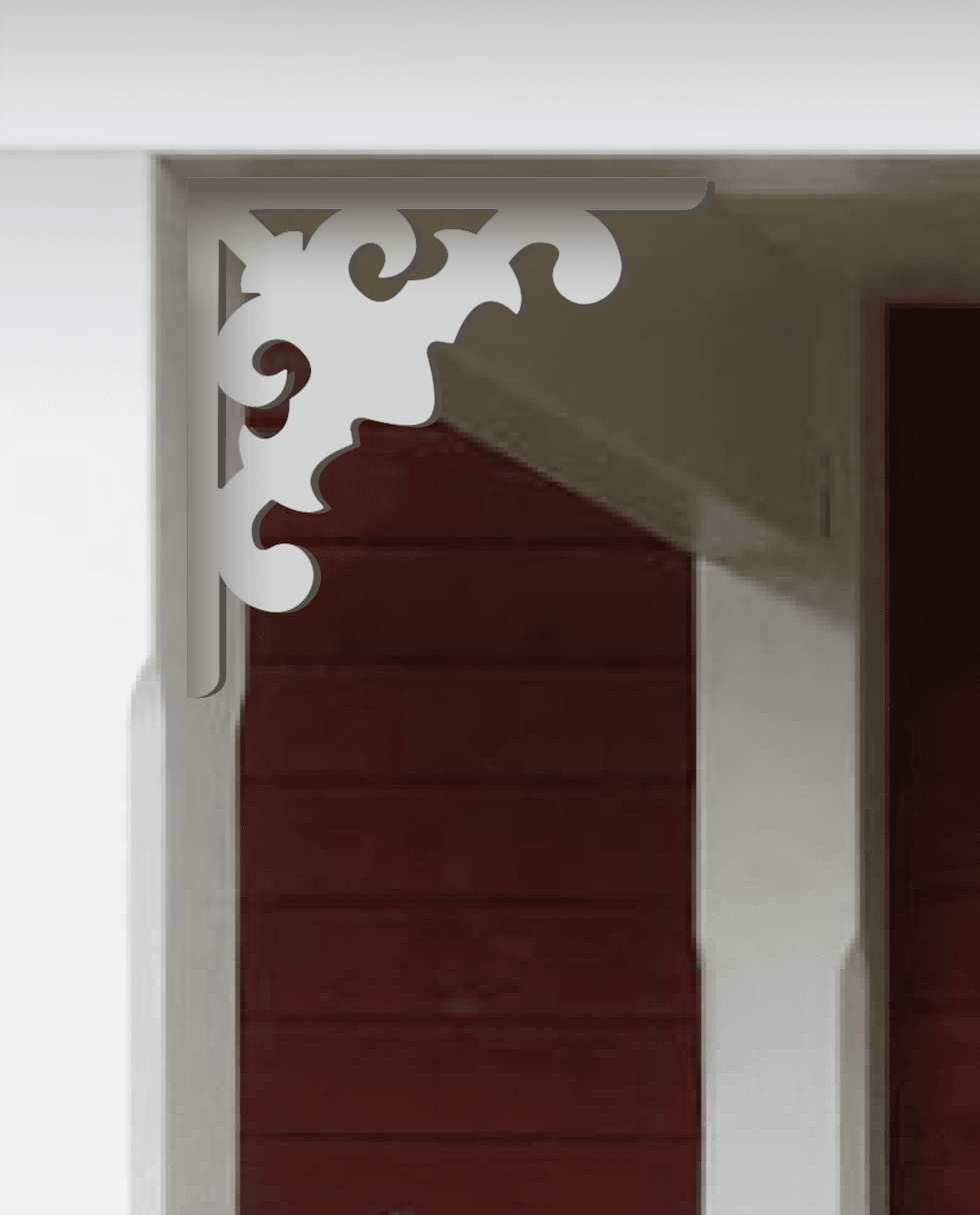 A white painted Victorian bracket 090 in a red porch decorated with from Gaveldekor from Sweden.