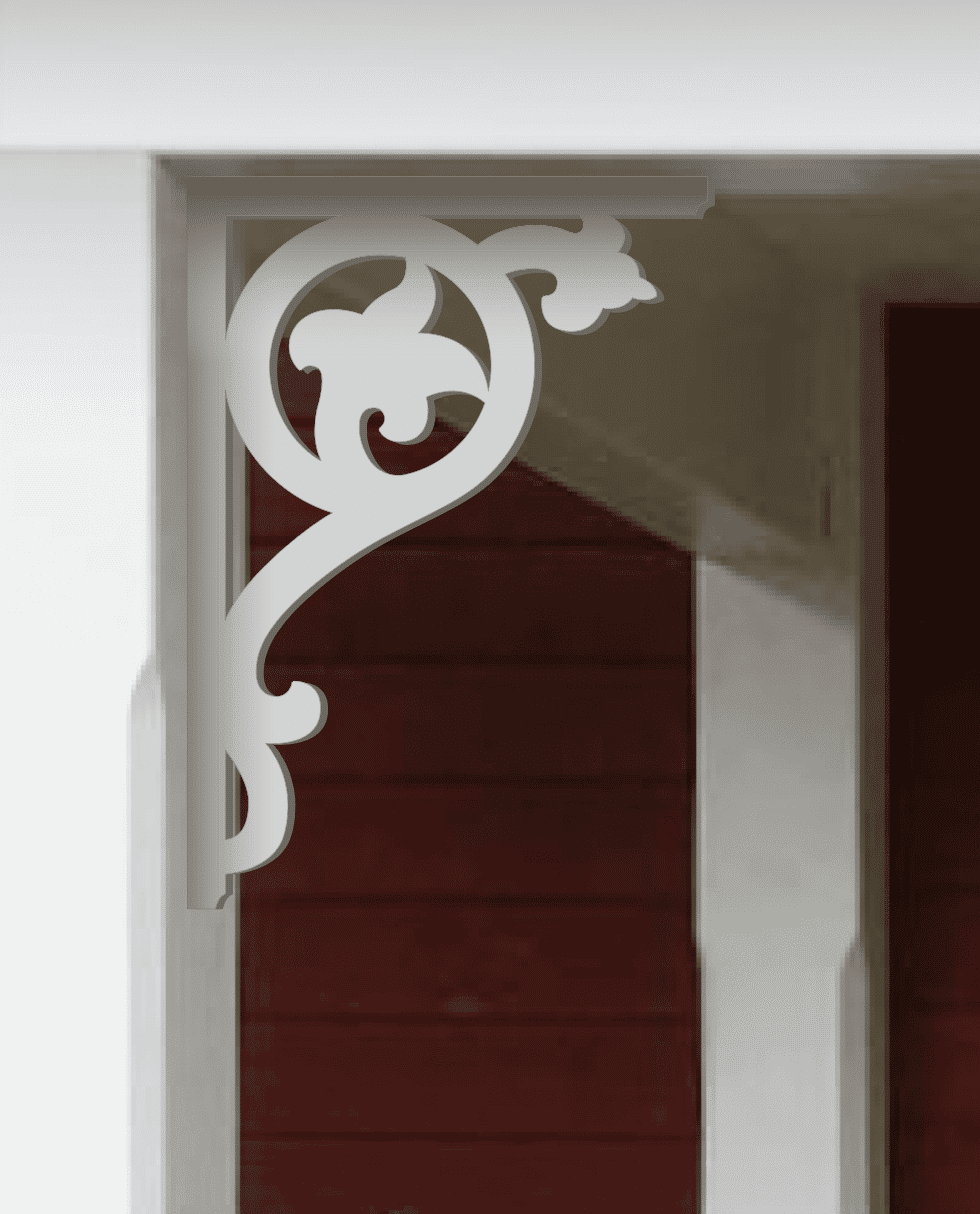 Victorian bracket 091 in a red porch decorated with from Gaveldekor from Sweden.