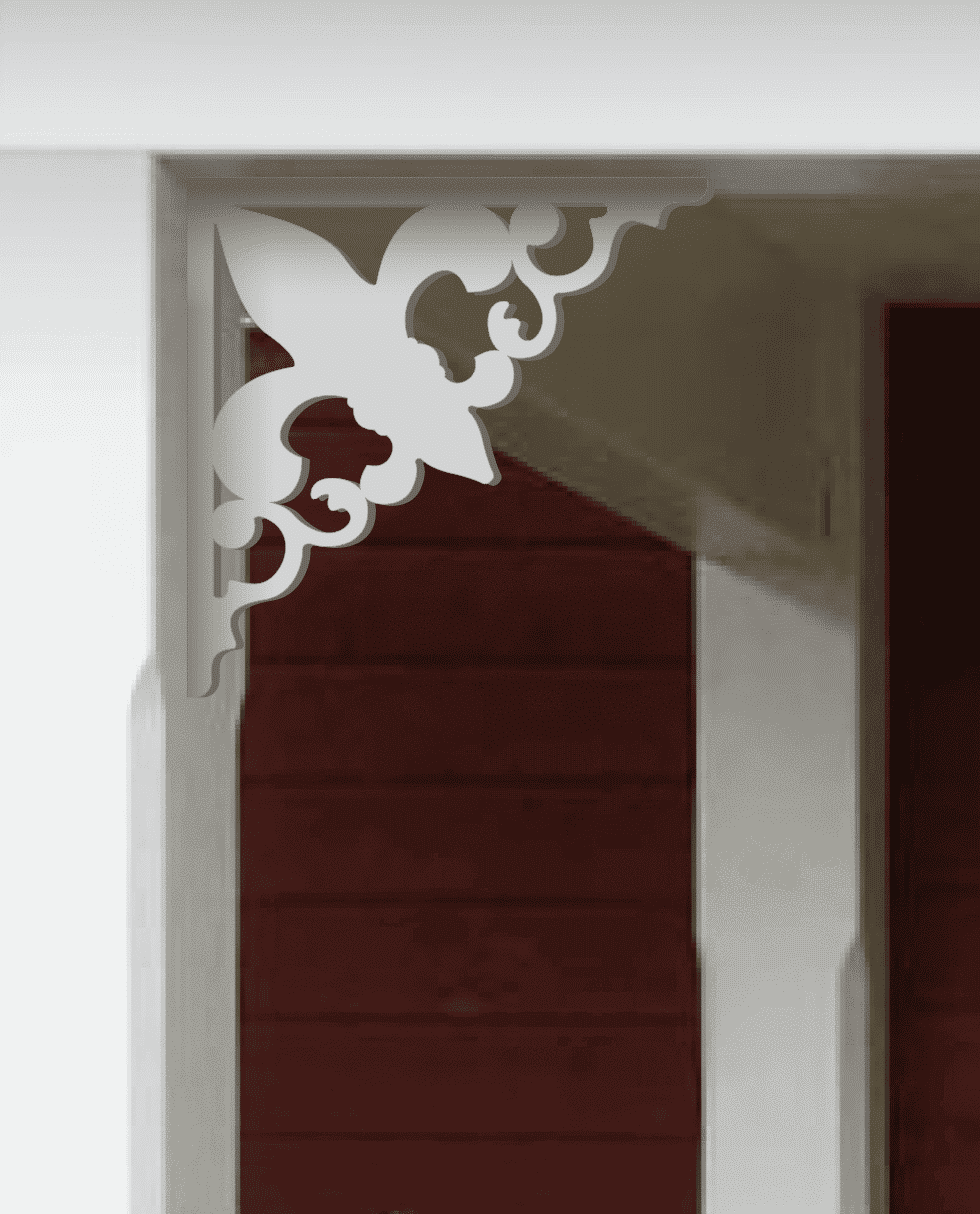 A white painted Victorian bracket 095 in a red porch decorated with from Gaveldekor from Sweden.