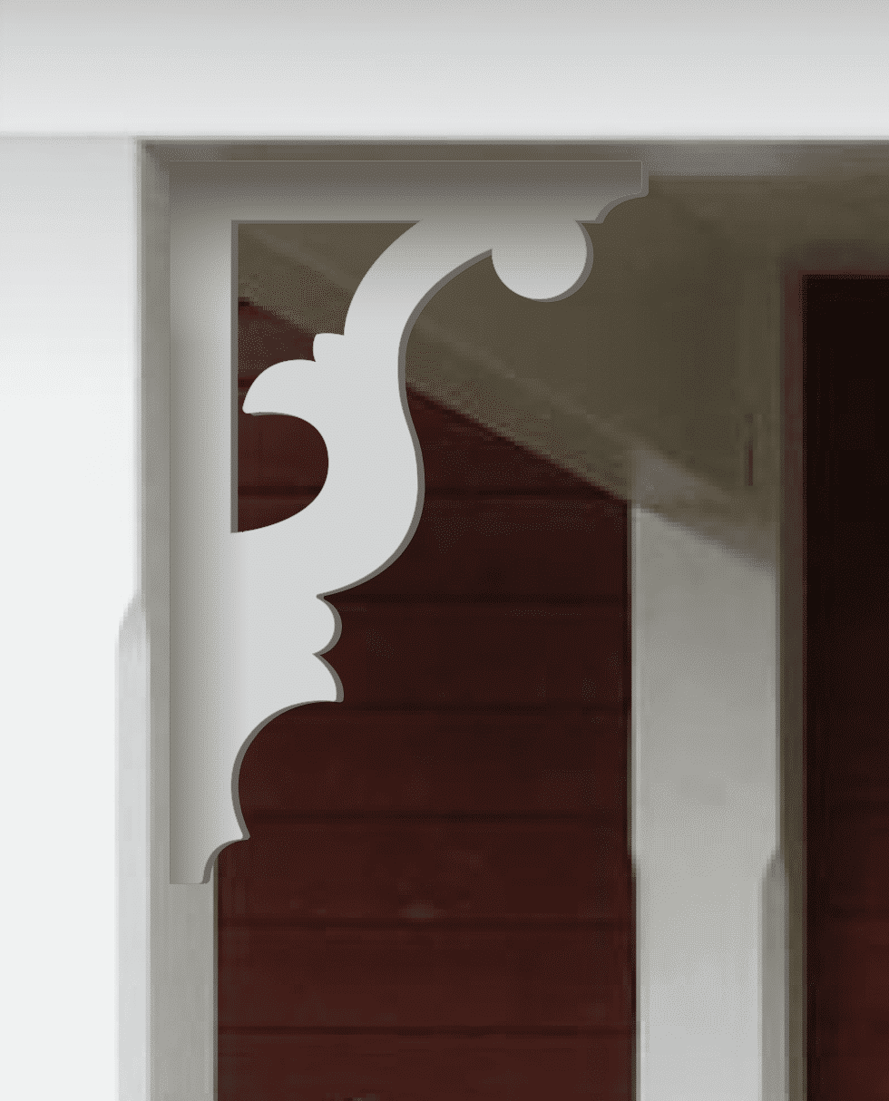 A white painted Victorian bracket 097 in a red porch decorated with from Gaveldekor from Sweden.