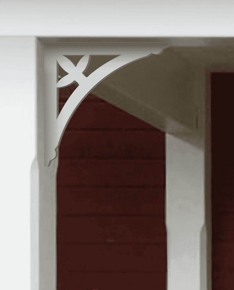 Eckkonsole 098 - Eine rote Veranda, dekoriert mit dem Ziergiebel von Gaveldekor aus Schweden.