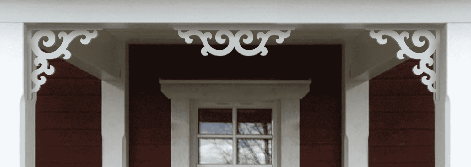 A red porch decorated with victorian bracket buddy 001 and brackets from Gaveldekor in Sweden.
