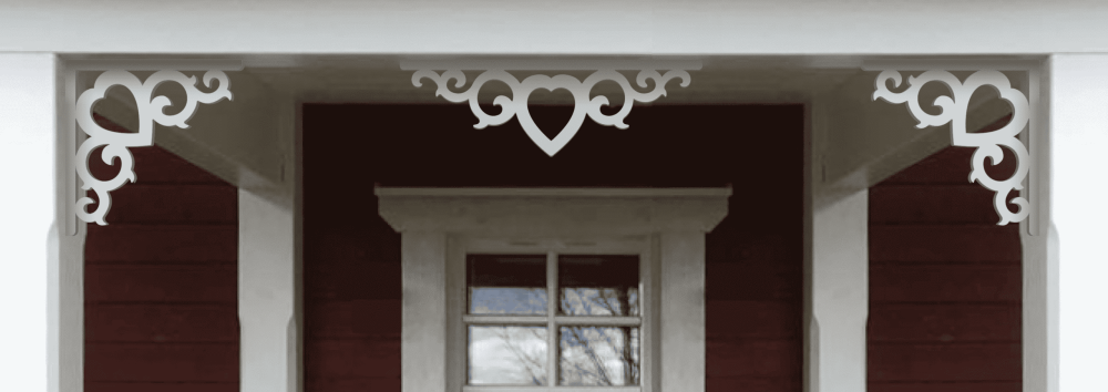 Eine rote Veranda, ausgestattet mit einer Zierkonsole 002A von Gaveldekor aus Schweden.