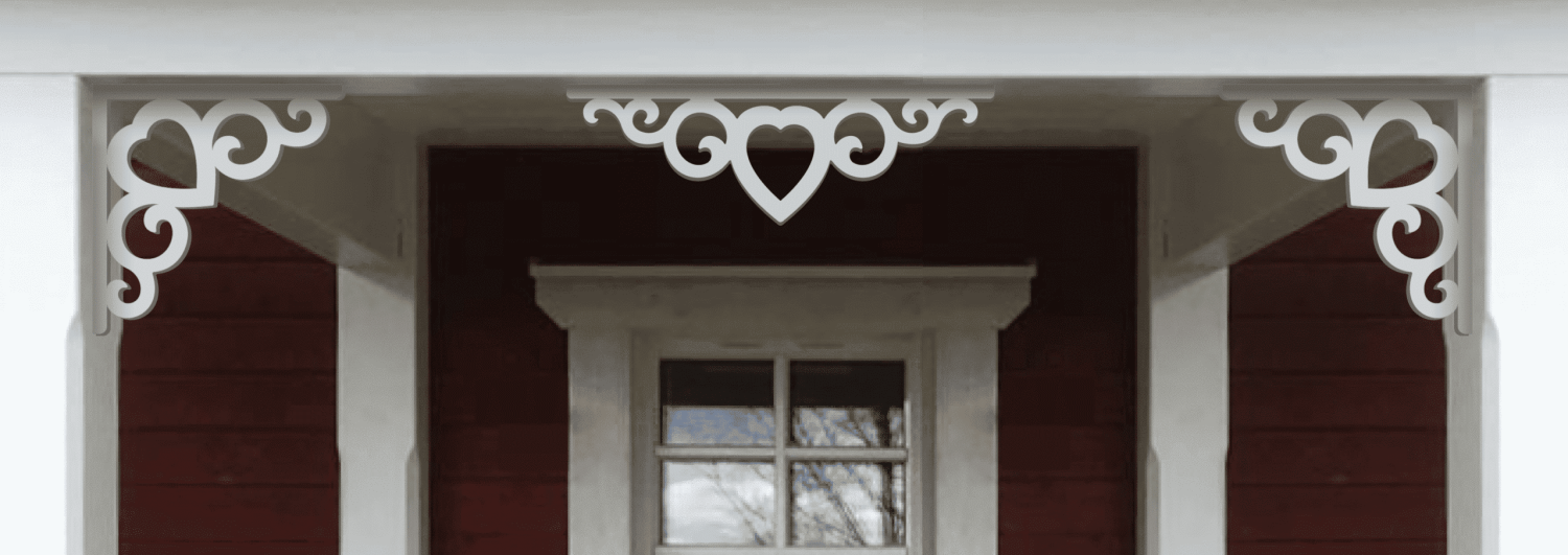 A red porch decorated with victorian bracket buddy 002B and brackets from Gaveldekor in Sweden.