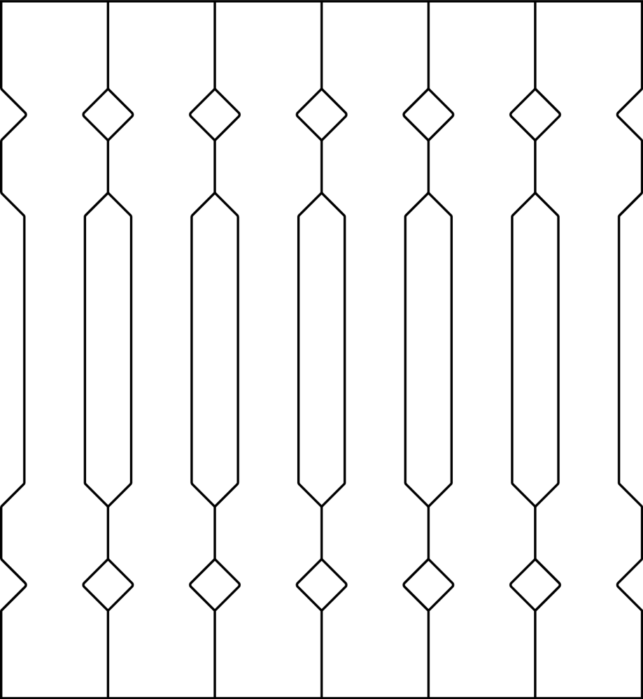 Ziergeländer 019B und Zierzäune im schwedischen Stil. Das Bild zeigt 5 Teile zusammen.