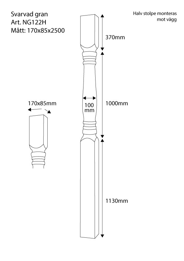 Stolpe/Pelare - Svarvad Halvstolpe - 2500 x 170 x 85 mm - Nr. 30-NG-122H