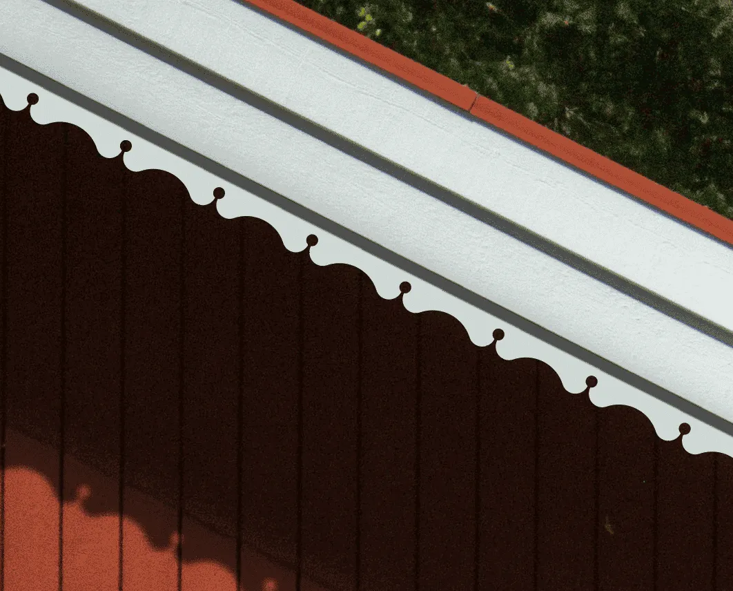 Rött hus med vindskivedekor 006 - Trälister med snickarglädje och husdekor för vindskiva, tak ock taknock.