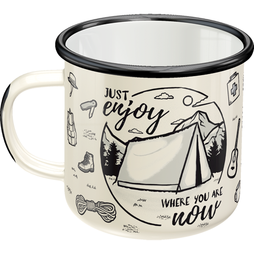 Emaljmugg "Enjoy Where You Are  Now", 8,5 x 9 cm, 0,33L
