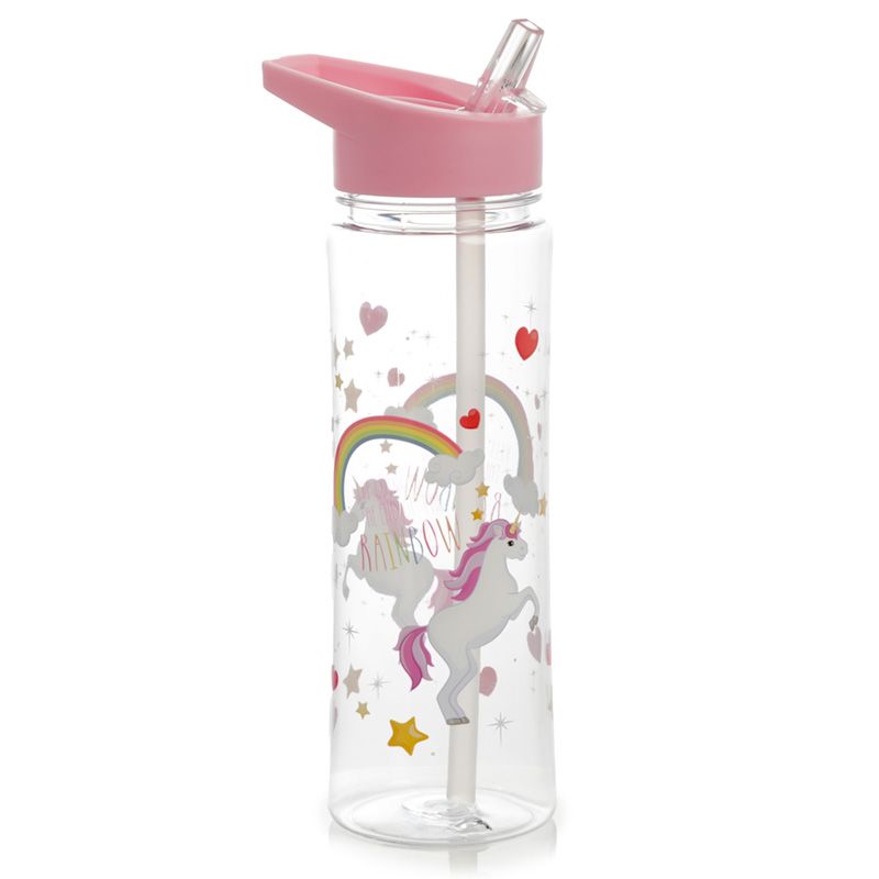 550ml Vattenflaska i Plast med Sugrör - Enchanted Rainbows Enhörning