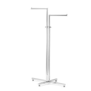 Höj- och sänkbart tvåarmsställ. Fot med fyra ställfötter. Armarna är i olika nivåer. Krom.