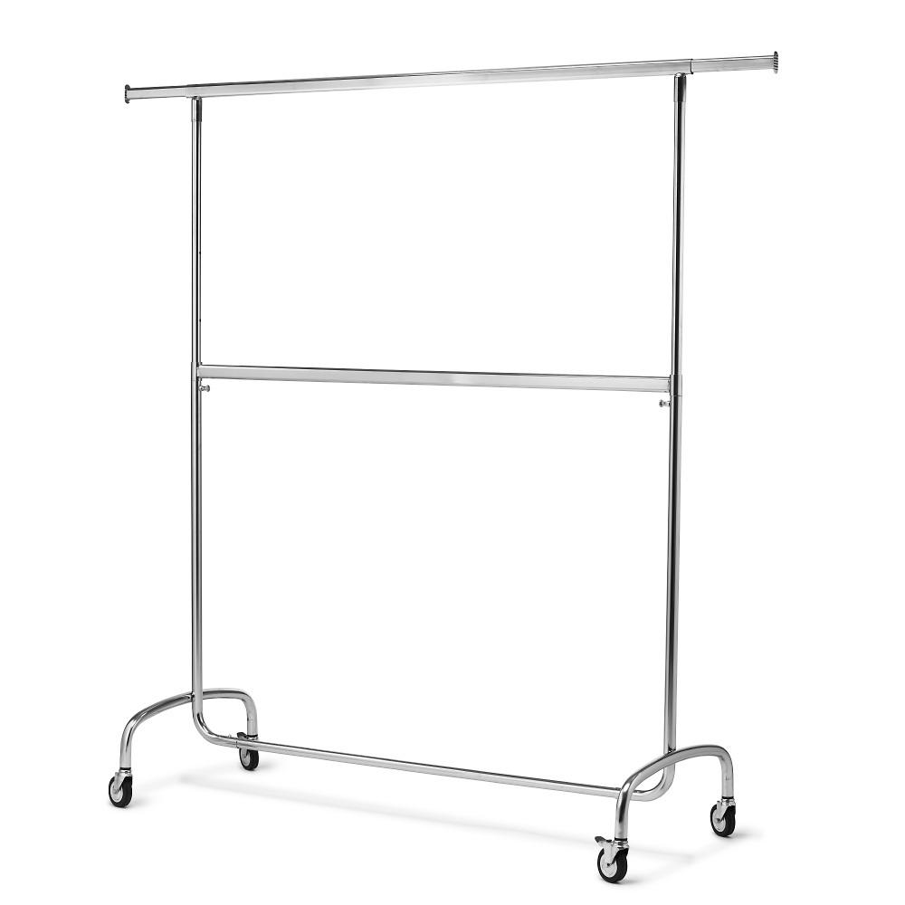 Klädställ i krom. Höj- och sänkbart. Två våningar. Fyra stycken hjul, varav två med broms.