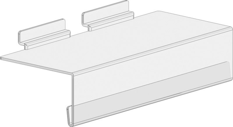 Skohylla till spårpanel. Hyllan är transparant och gjord av akryl.