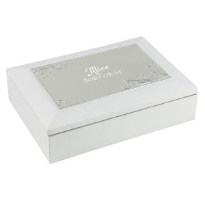 Smyckeskrin vitt trä med speldosa lock m ns dekor 18x13xh5cm