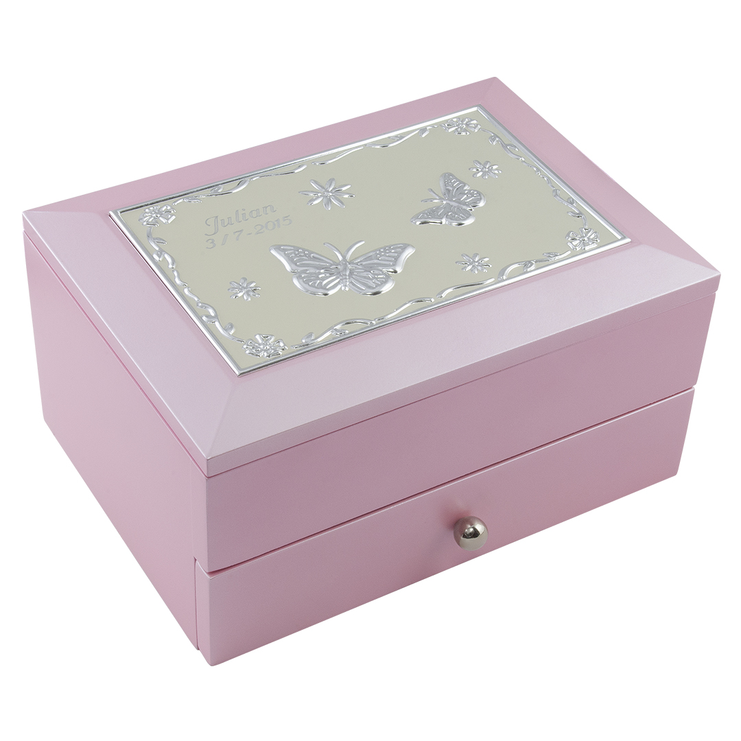 Smyckeskrin rosa 2 våningar fri gravyr