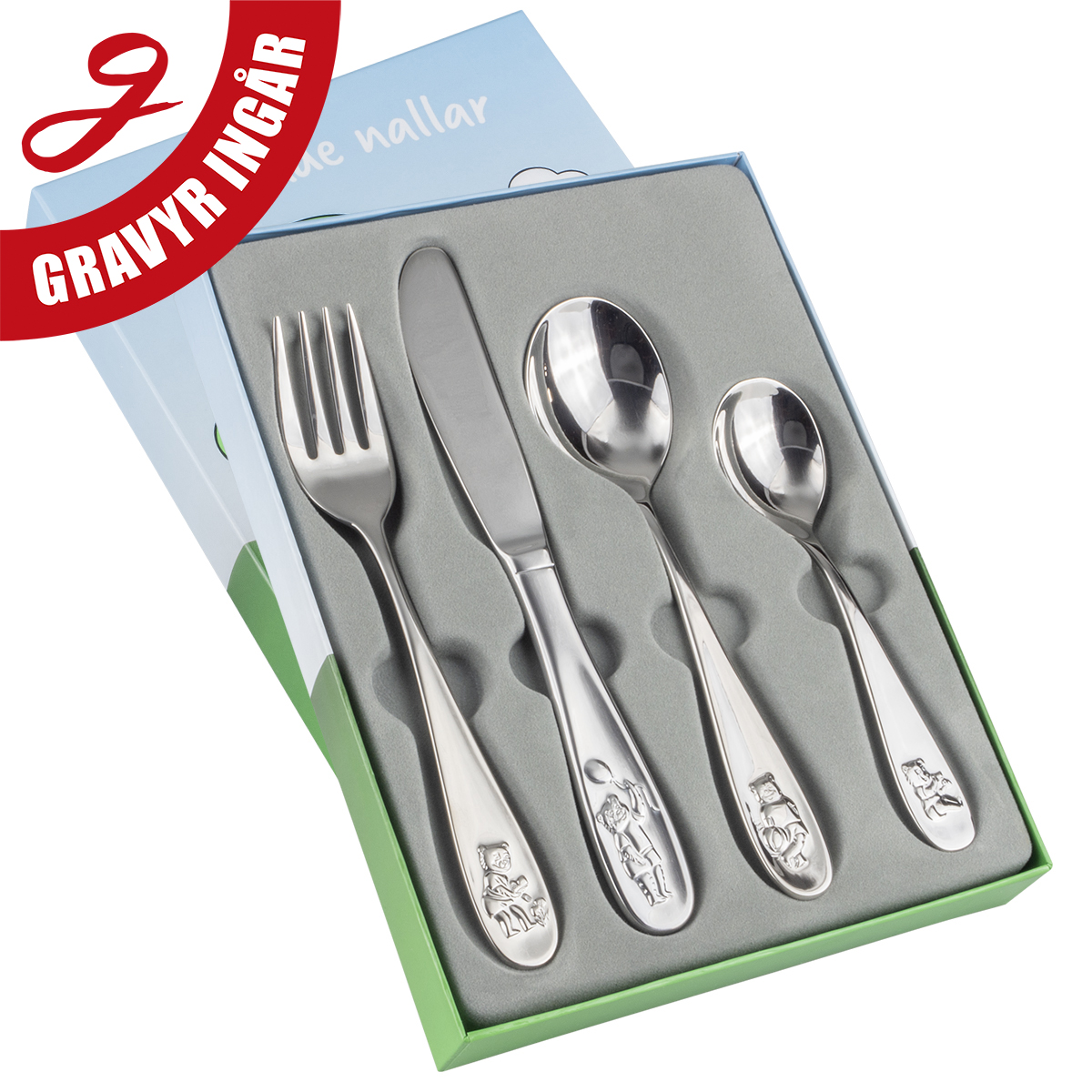 Barnbestik 4-delar lekande nallar fri gravyr ingår