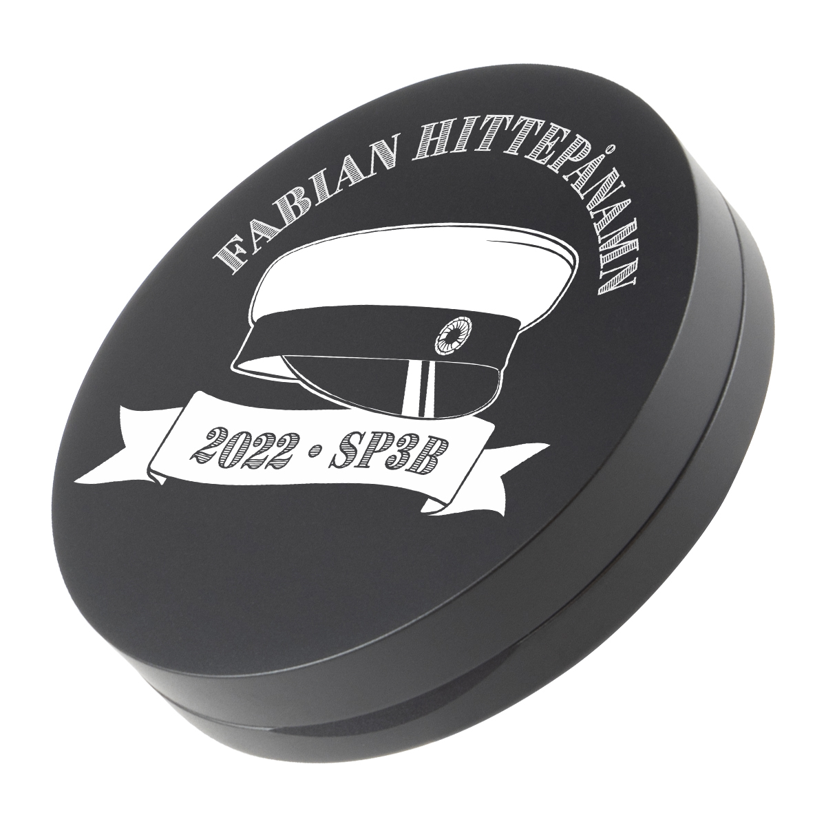 Snusdosa DUS svart studenttryck aluminium gravyrbar