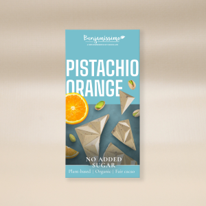 BENJAMISSIMO PISTACHIO & ORANGE PLANT BASED ORAGANIC CHOCOLATE 60G NO ADDED SUGAR 
