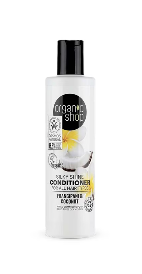 ORGANIC SHOP CONDITIONER SILKY SHINE FOR ALL HAIR TYPES FRANGIPANI AND COCONUT 280 ML