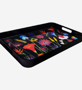 Bricka Svart Med Blommor 53x34cm