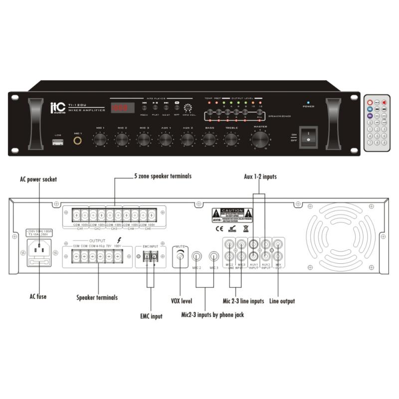 ITC TI-240U 5-zon Mixerförstärkare med USB 240W 100V