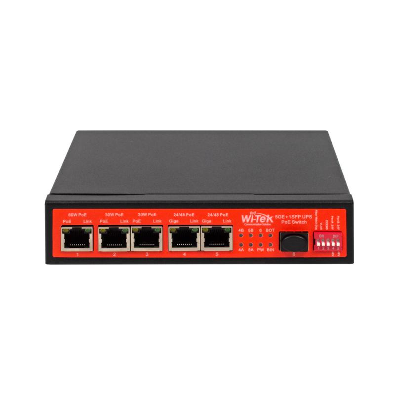 Wi-Tek PS306GF-UPS CCTV-switch 5 portar 10/100 PoE+ 1x SFP, UPS