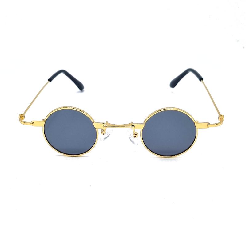 Små runda solglasögon - Guldfärgade bågar med mörkblåa linser